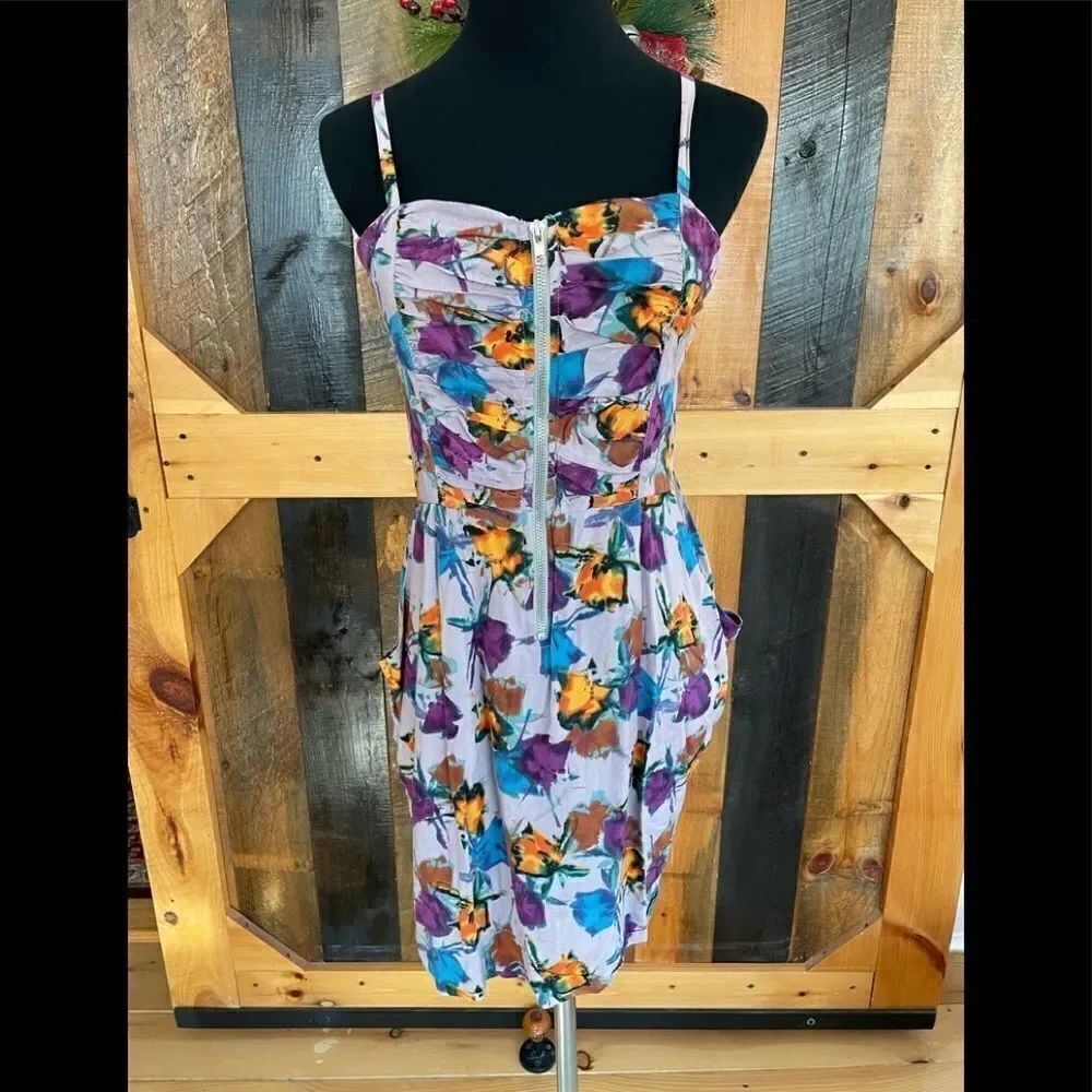 YA zip front floral spaghetti strap dress with pockets, size L